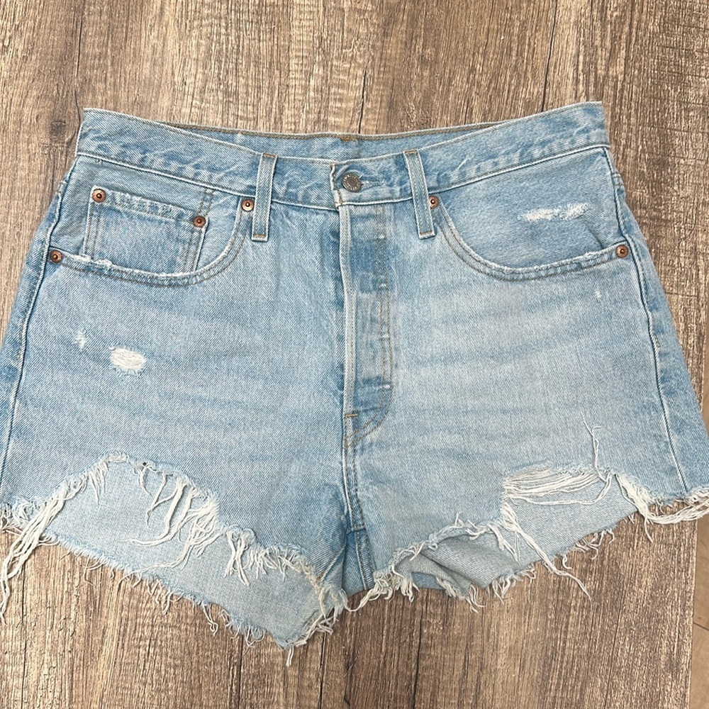 Levi's 501 Button Fly Distressed Light Blue Denim Shorts Women’s Sz 30